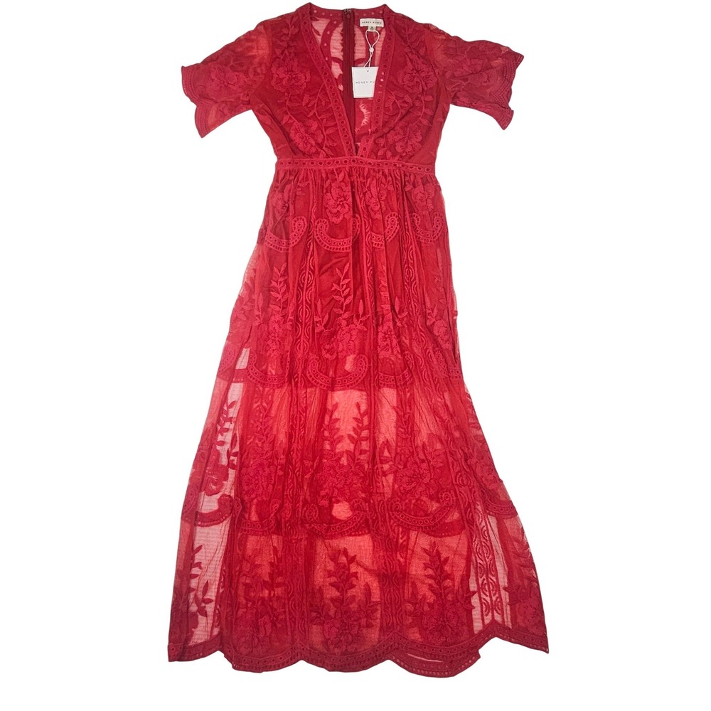 Honey Punch Red Lace Maxi Dress Floral Embroidery Boho V-Neck NWT Medium